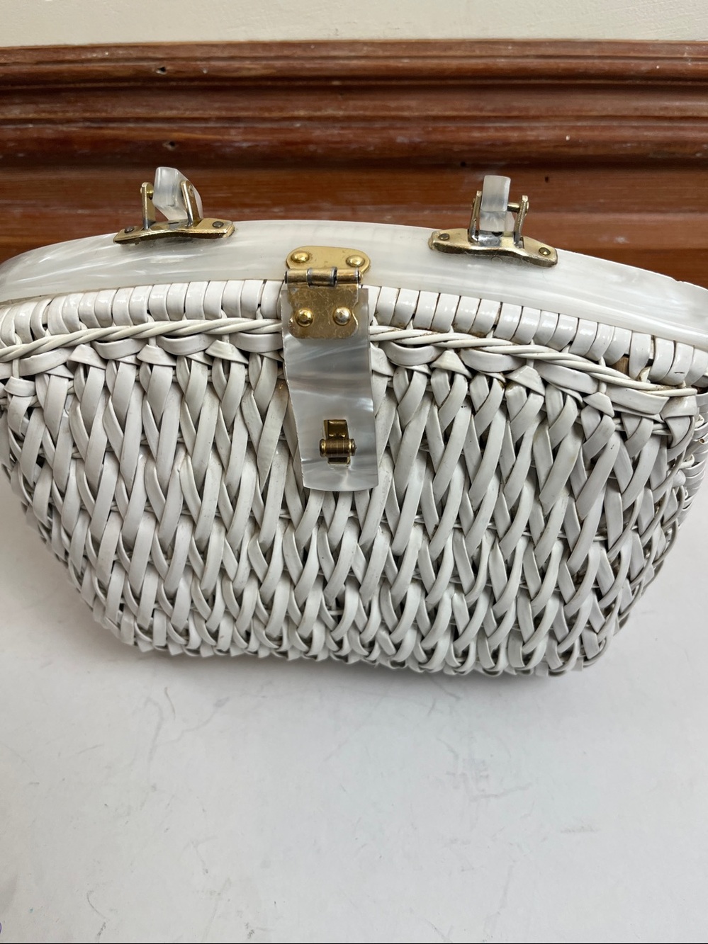 Woven White Women's Handbag - Structured Top-Handle Purse